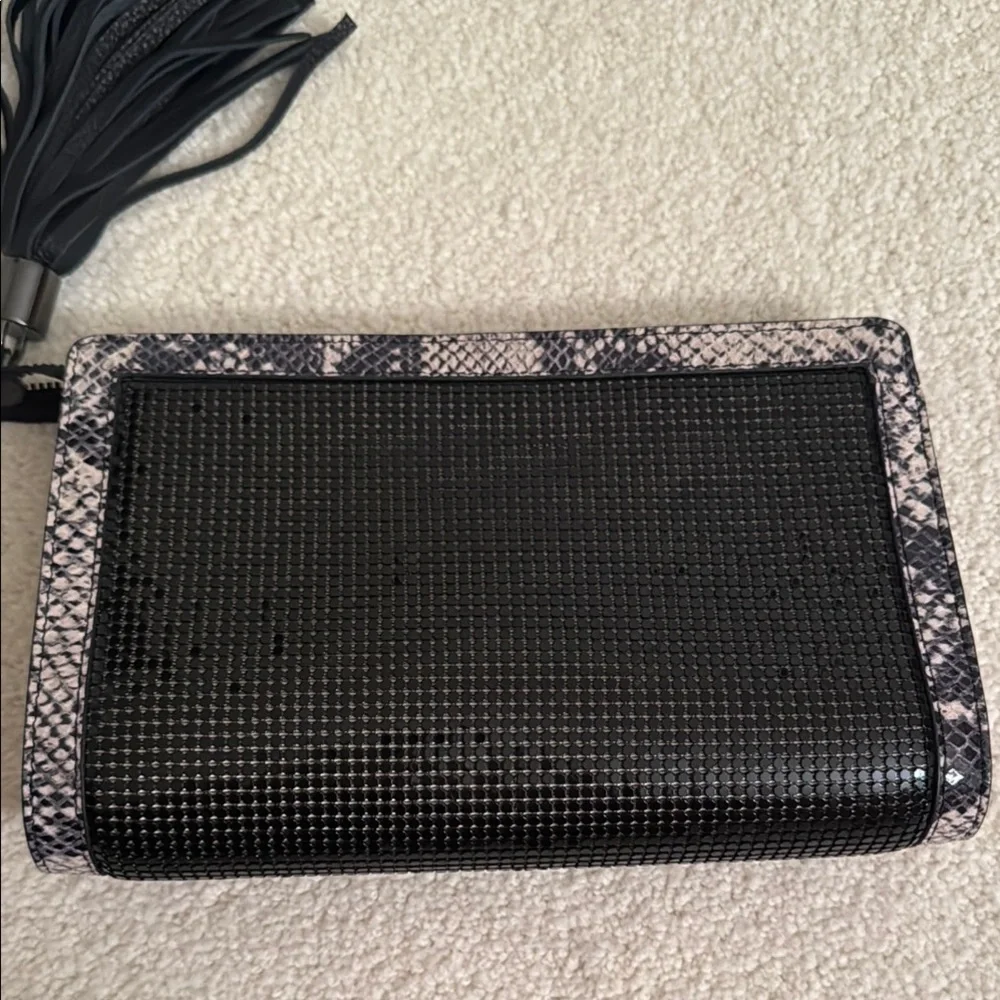 BCBGMaxAzria Black Chain Link and Snake Print Clutch with Tassel - Picture 4 of 6